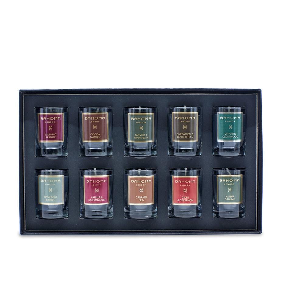 360g - Set mit 10 Mini-Duftkerzen Discovery Set Amber & Thymian, Muskat & Tonkabohne, Patchouli & Moschus, Kakao & Amber, Vanille & Safran Noir, Vetiver & Zedernholz, Kardamom & Schwarzer Pfeffer, Apfelwein & Zimt, Karamelltee, Balsamisches Leder