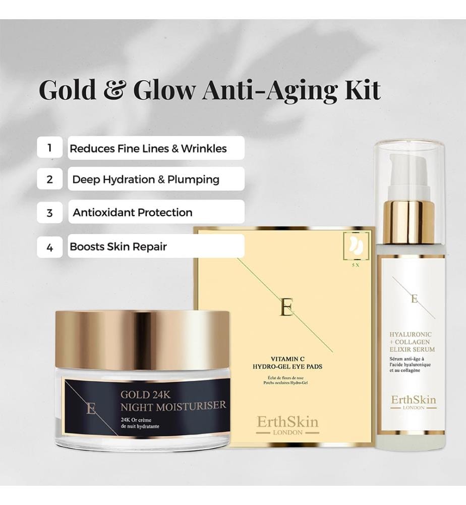 Anti-Falten-Nachtpflege-Set mit 24-Karat-Gold + Hyaluronsäure- und Kollagen-Serum + Vitamin-C-Hydrogel-Patches