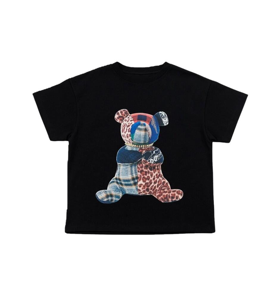 Grafik-T-Shirt mit Patchwork-Teddybär-Motiv – Schwarz