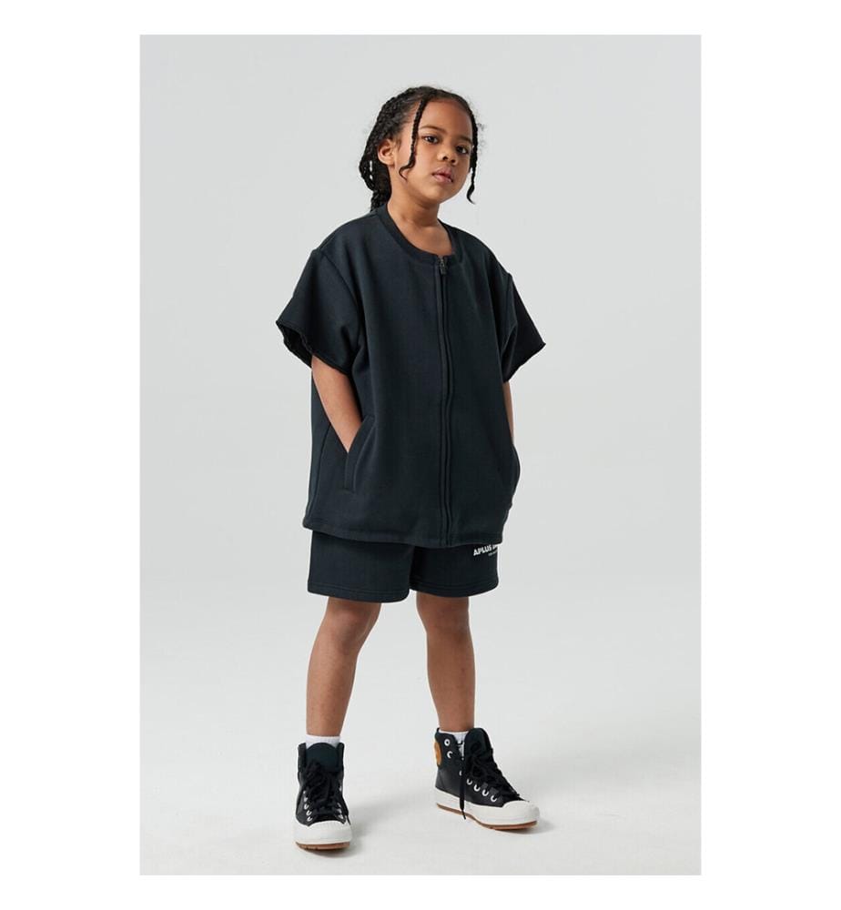 Double-Layer Zip-Up Short Sleeve Jacket - Black