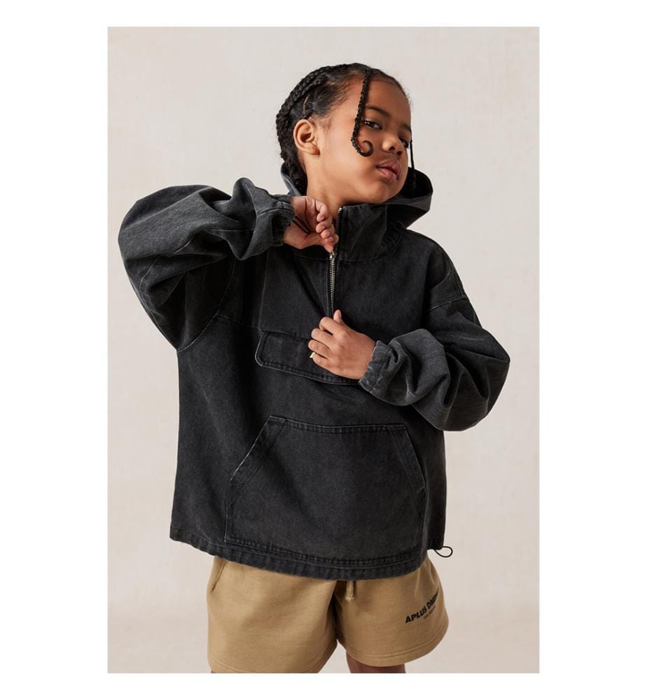 Washed Denim Half-Zip Anorak - Charcoal