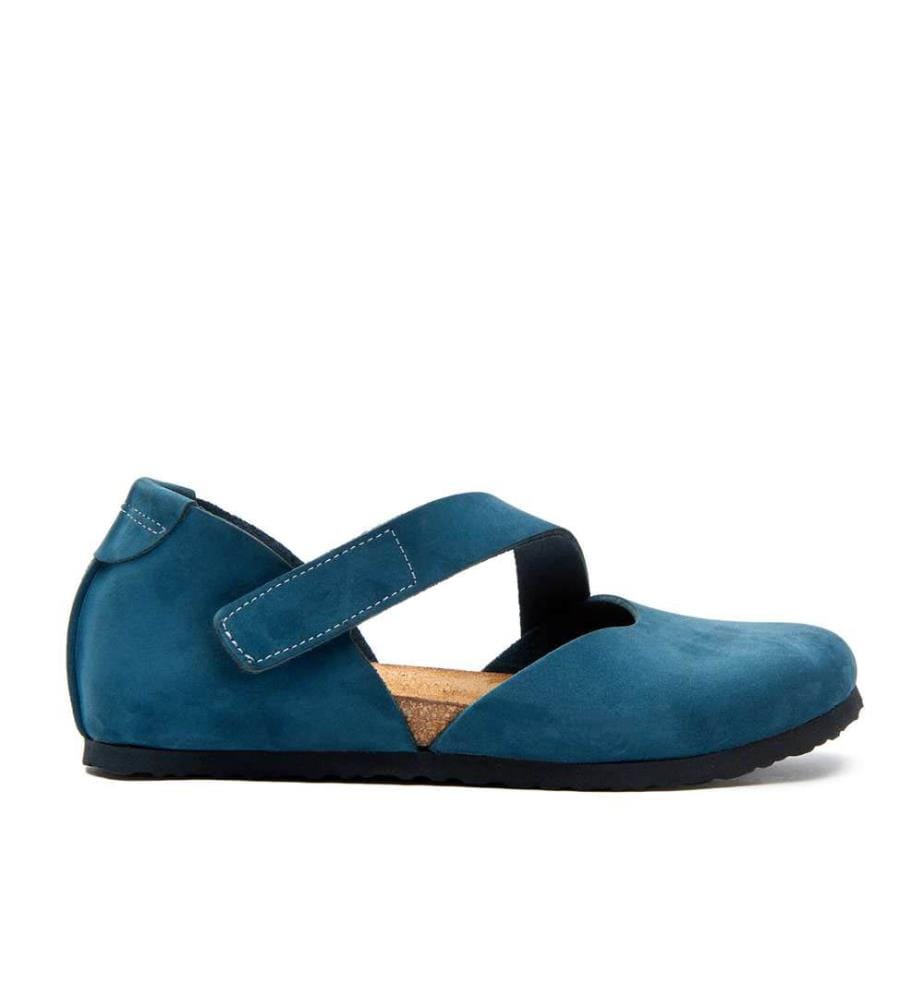 Flache Lederschuhe mit Korkfussbett - Navy-Nubuk