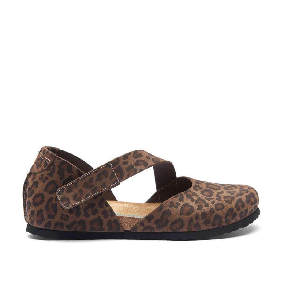 Flache Lederschuhe mit Korkfussbett - Leopard-Nubuk
