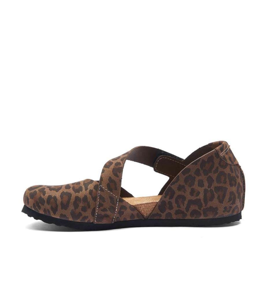 Flache Lederschuhe mit Korkfussbett - Leopard-Nubuk