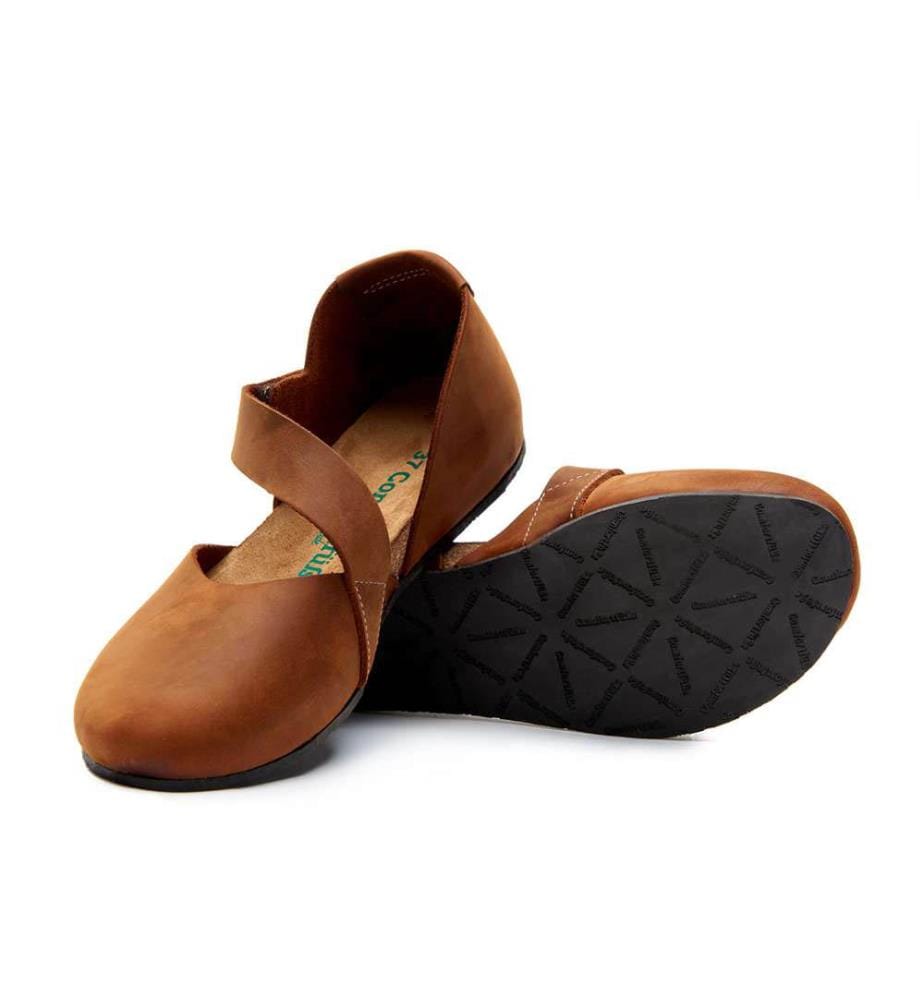 Leder Flats mit Korkfussbett - Braun-Crazy