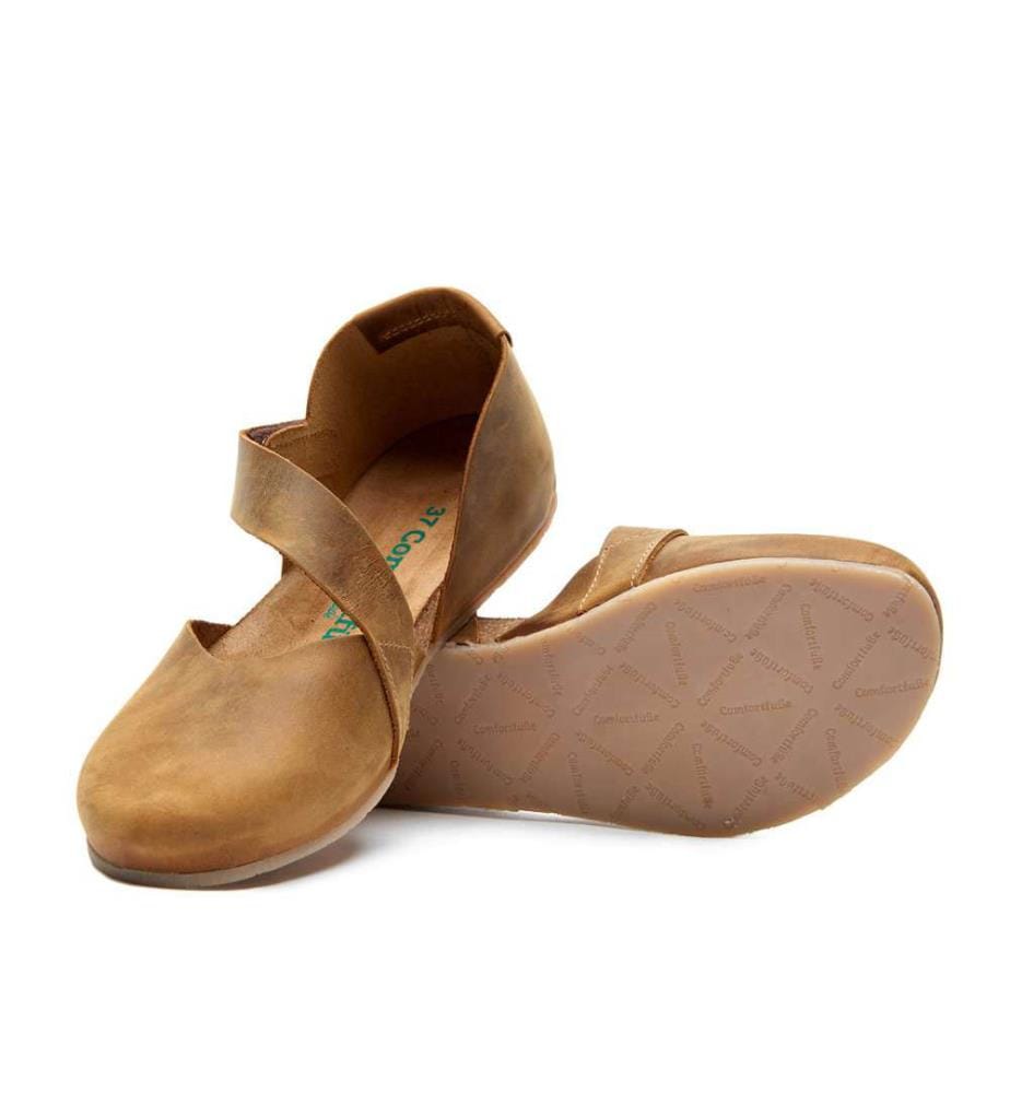 Leder Flats mit Korkfussbett - Tan-Crazy