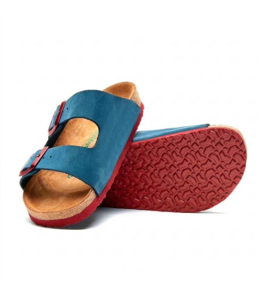Ledersandalen mit anatomisch geformtem Korkfussbett - Navy-Rot