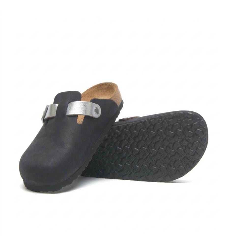 Lederclogs mit anatomisch geformtem Korkfussbett - Schwarz-Silber