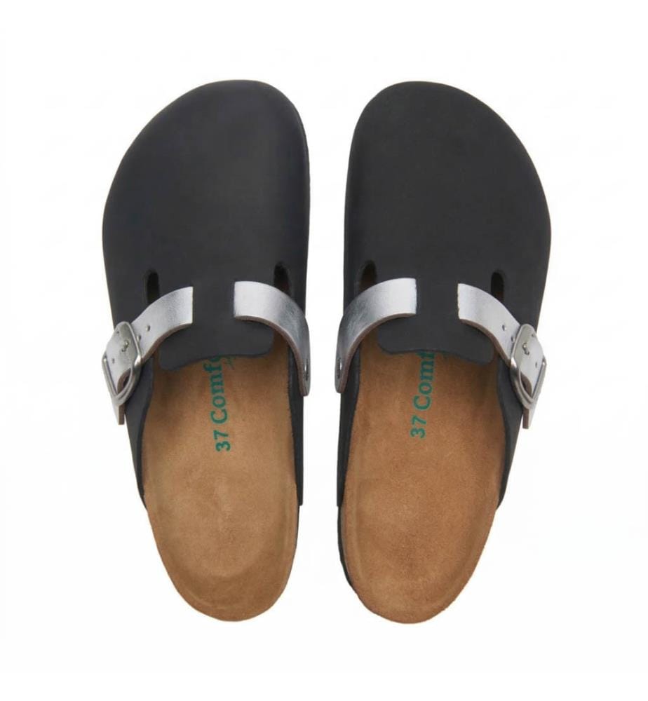 Lederclogs mit anatomisch geformtem Korkfussbett - Schwarz-Silber