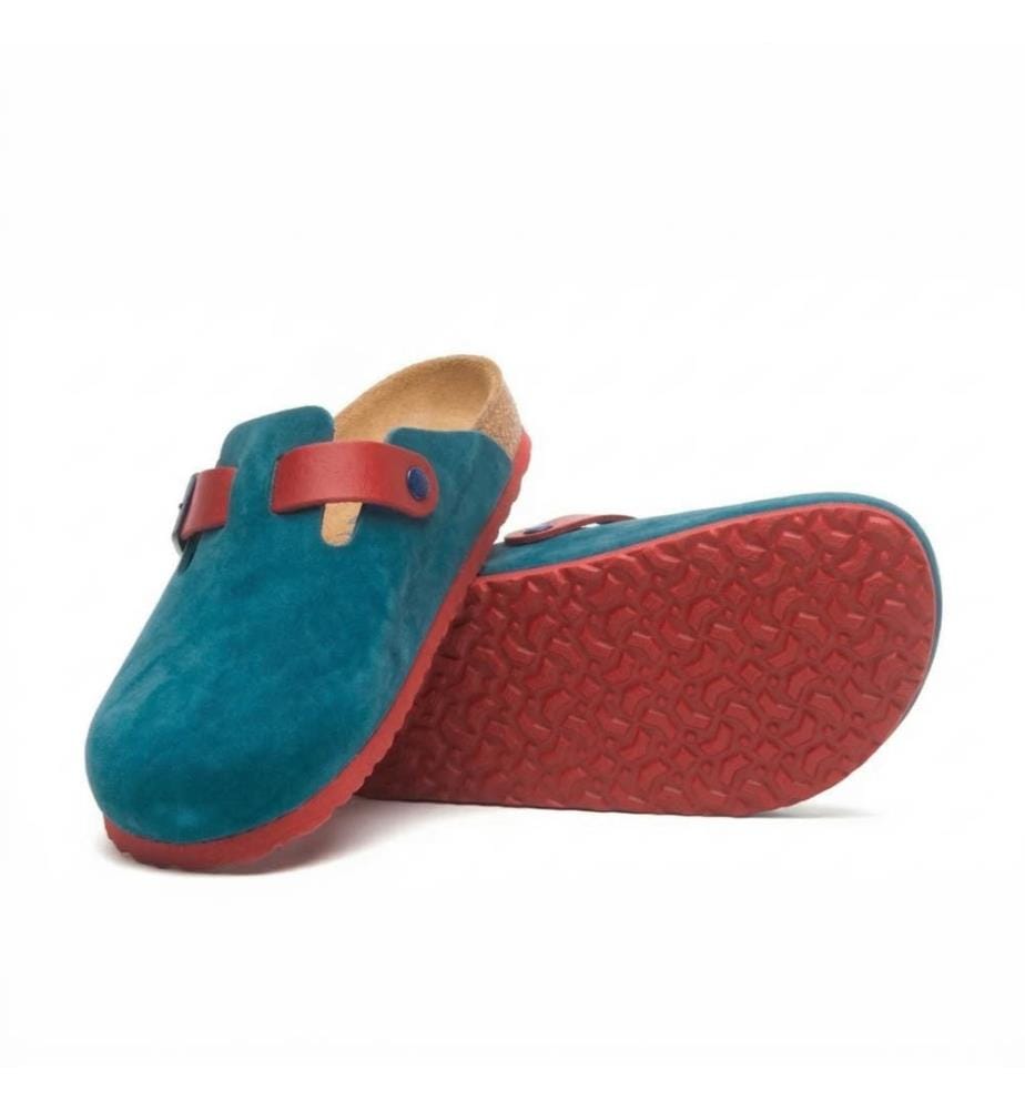 Lederclogs mit anatomisch geformtem Korkfussbett - Navy-Rot