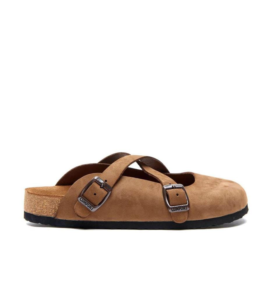 Lederclogs mit anatomisch geformtem Korkfussbett - Sand-Nubuk