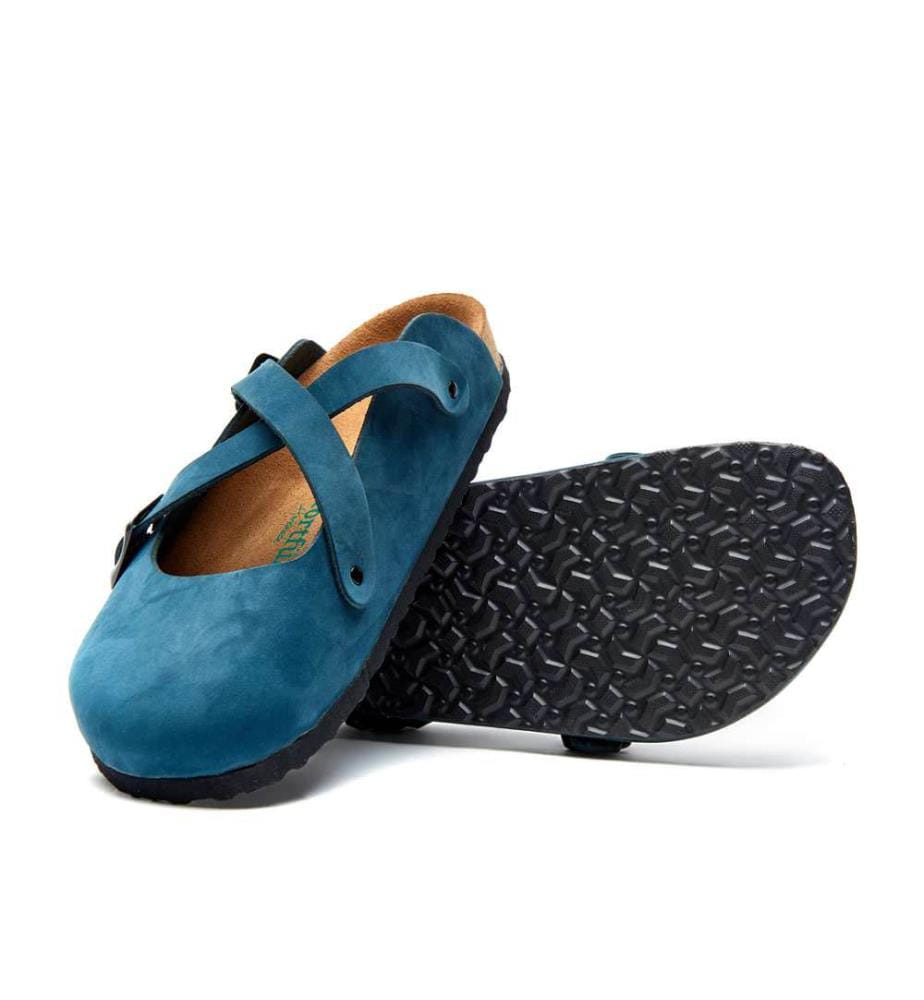 Lederclogs mit anatomisch geformtem Korkfussbett - Navy-Nubuk