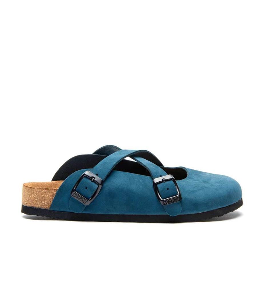 Lederclogs mit anatomisch geformtem Korkfussbett - Navy-Nubuk