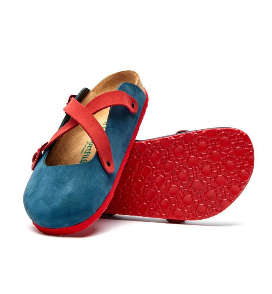 Lederclogs mit anatomisch geformtem Korkfussbett - Navy-Rot-Nubuk