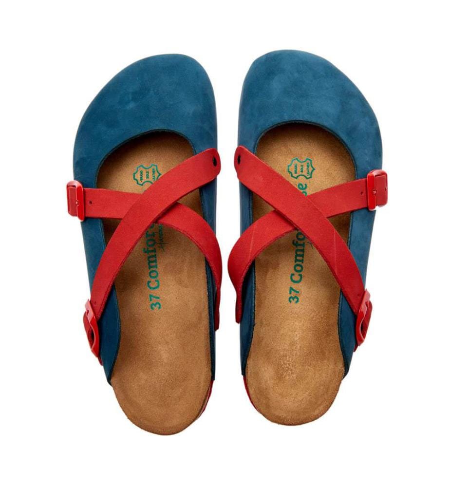 Lederclogs mit anatomisch geformtem Korkfussbett - Navy-Rot-Nubuk