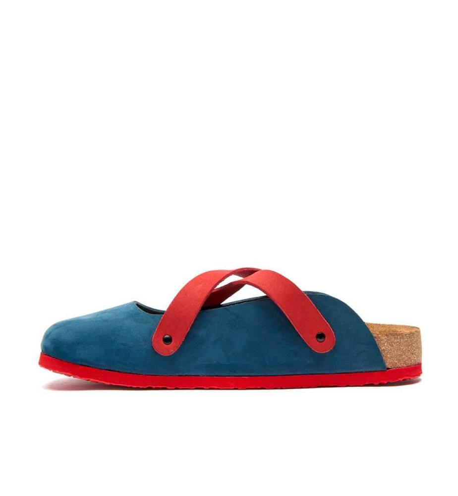 Lederclogs mit anatomisch geformtem Korkfussbett - Navy-Rot-Nubuk