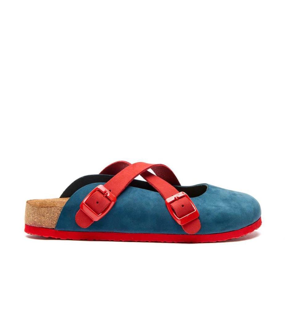 Lederclogs mit anatomisch geformtem Korkfussbett - Navy-Rot-Nubuk