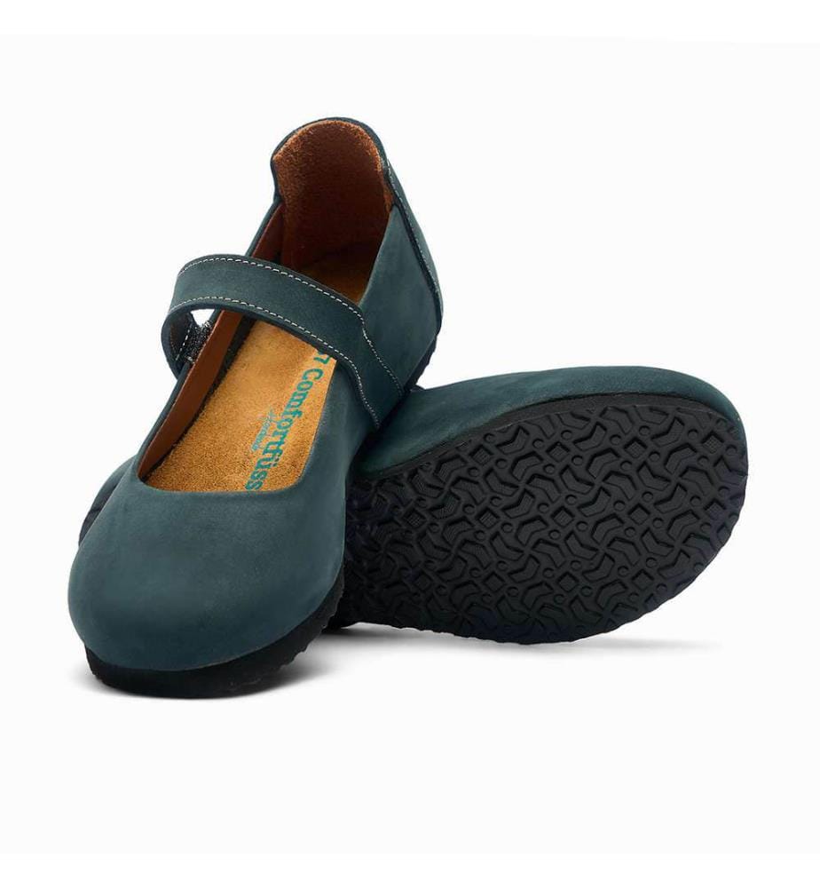 Flache Lederschuhe mit Korkfussbett - Navy-Nubuk