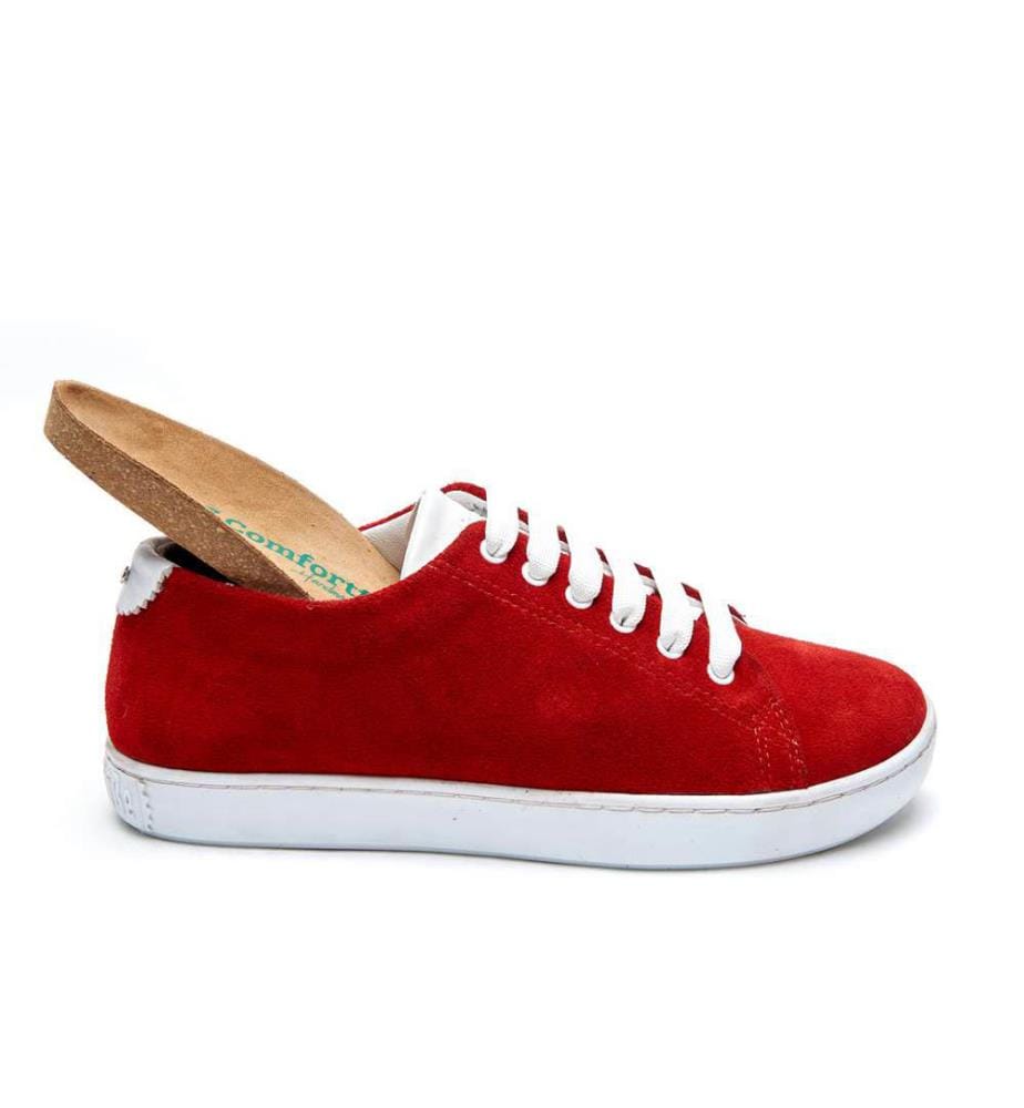 Sneakers aus Leder mit anatomisch geformtem Korkfussbett - Rotes Veloursleder