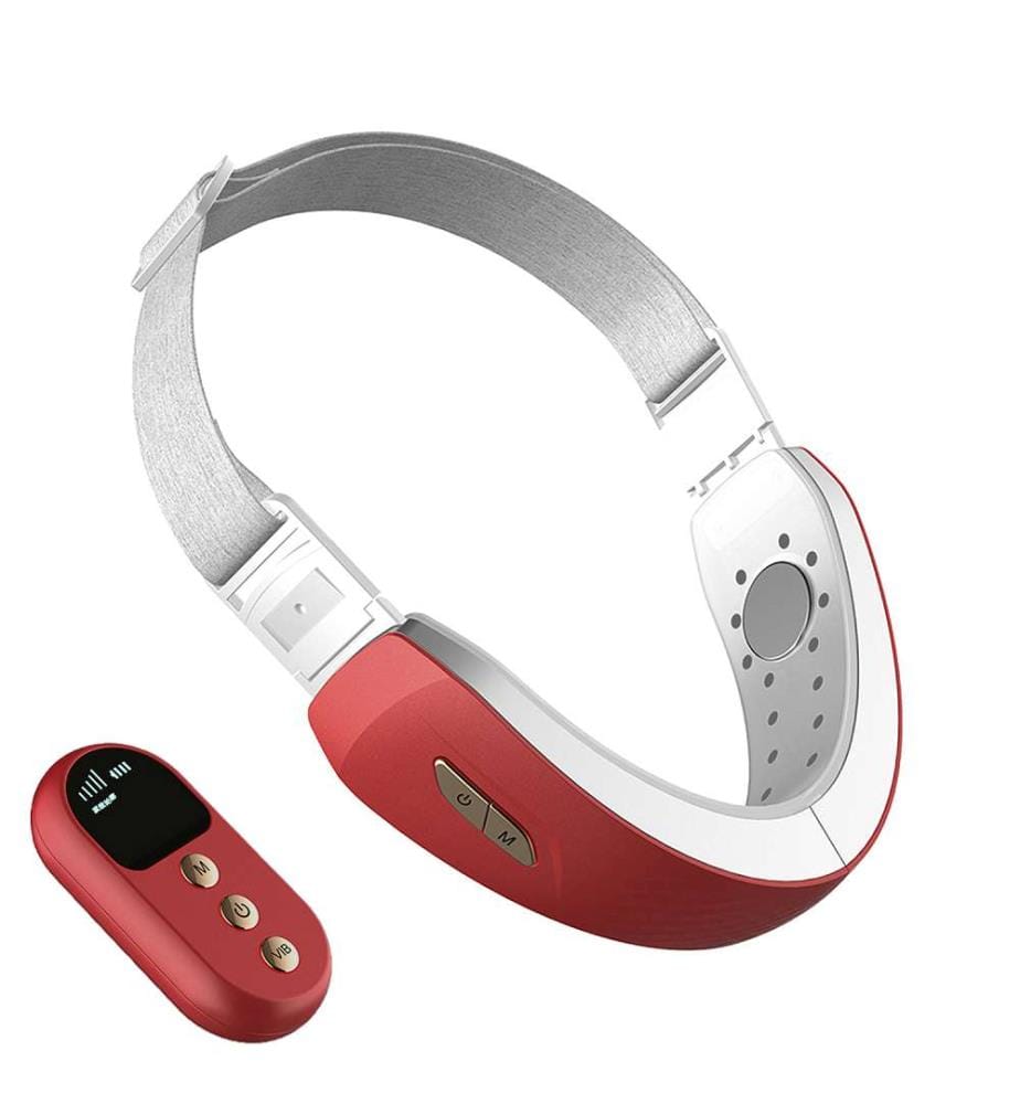 Ceinture d'électrostimulation faciale, avec traitement par lumière LED, vibration, EMS et thérapie magnétique à basse fréquence Avec télécommande - Rouge