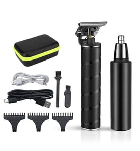 Kit 2 en 1 avec tondeuse pour cheveux et barbe + rasoir pour poils de nez Avec ensemble d'accessoires Batterie rechargeable - Noir