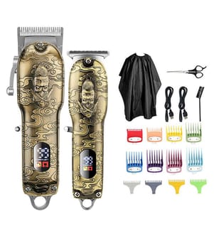 Kit 2 en 1 avec tondeuse + profileur de cheveux et de barbe LM-2025 Design vintage entièrement en métal Ensemble de 8 peignes, 4 peignes profileurs et ensemble d'accessoires Batterie rechargeable - Or