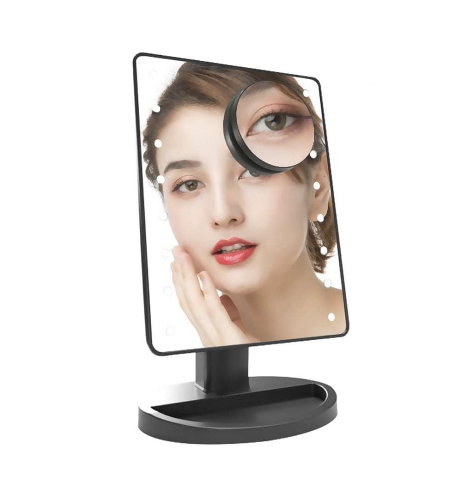 Miroir de maquillage avec 16 lumières LED Mini miroir auxiliaire Capteur tactile, rotation 180° - Noir
