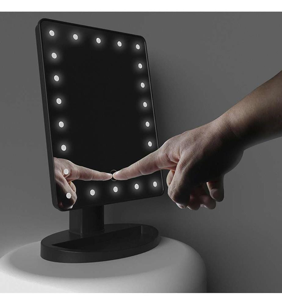 Miroir de maquillage avec 16 lumières LED Mini miroir auxiliaire Capteur tactile, rotation 180° - Noir