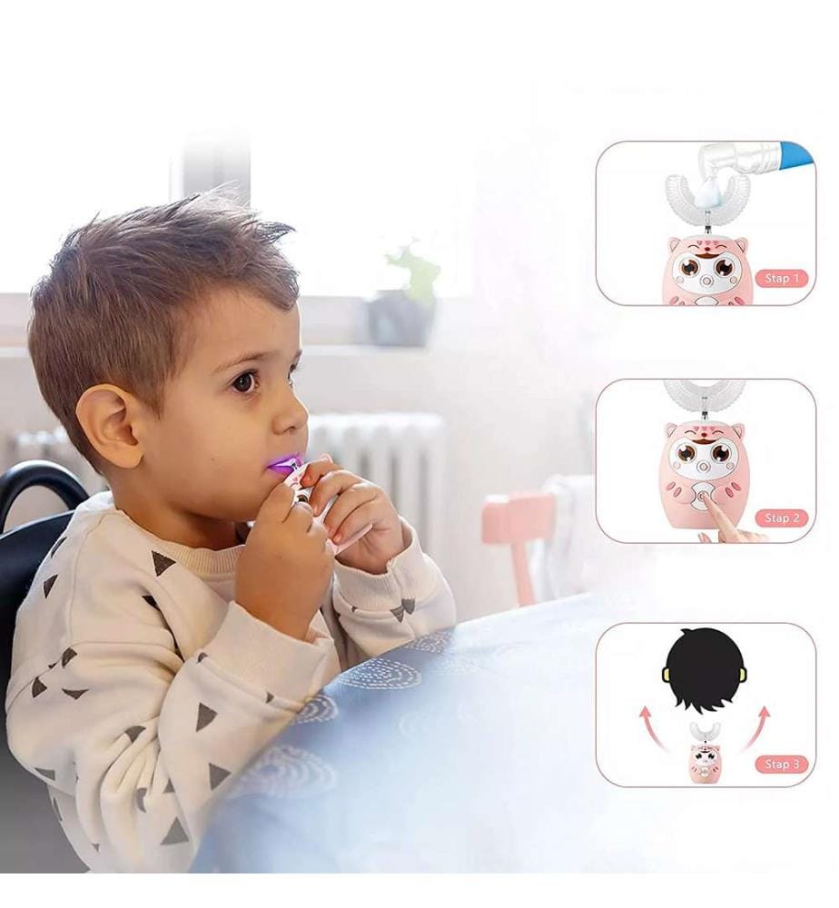 Brosse à dents électrique en forme de U pour les enfants. Poils souples en silicone.