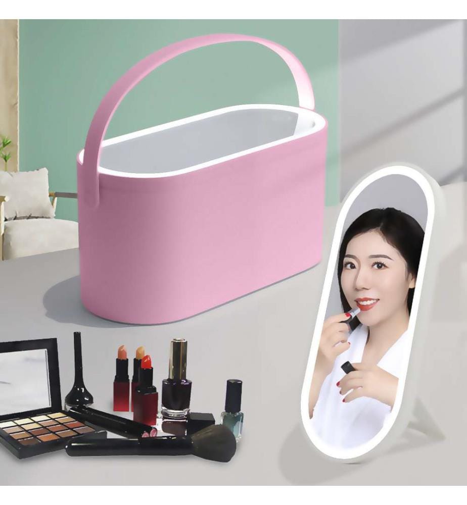 Miroir de maquillage spécial LED avec boîte organisatrice de maquillage portable - Rose clair