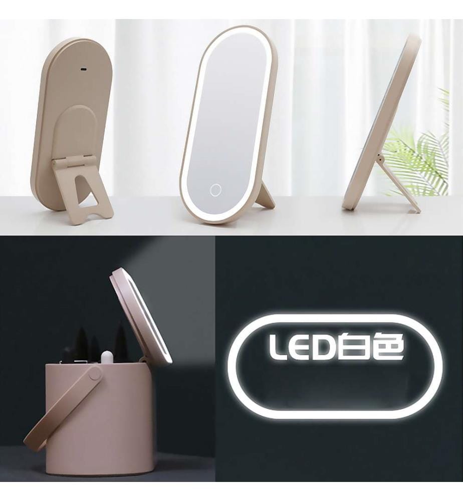 Miroir de maquillage spécial LED avec boîte organisatrice de maquillage portable - Rose clair