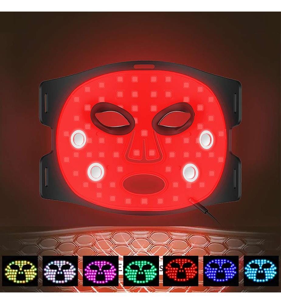Masque de traitement facial à lumière LED avec fonction chauffante et 7 couleurs thérapeutiques - Noir