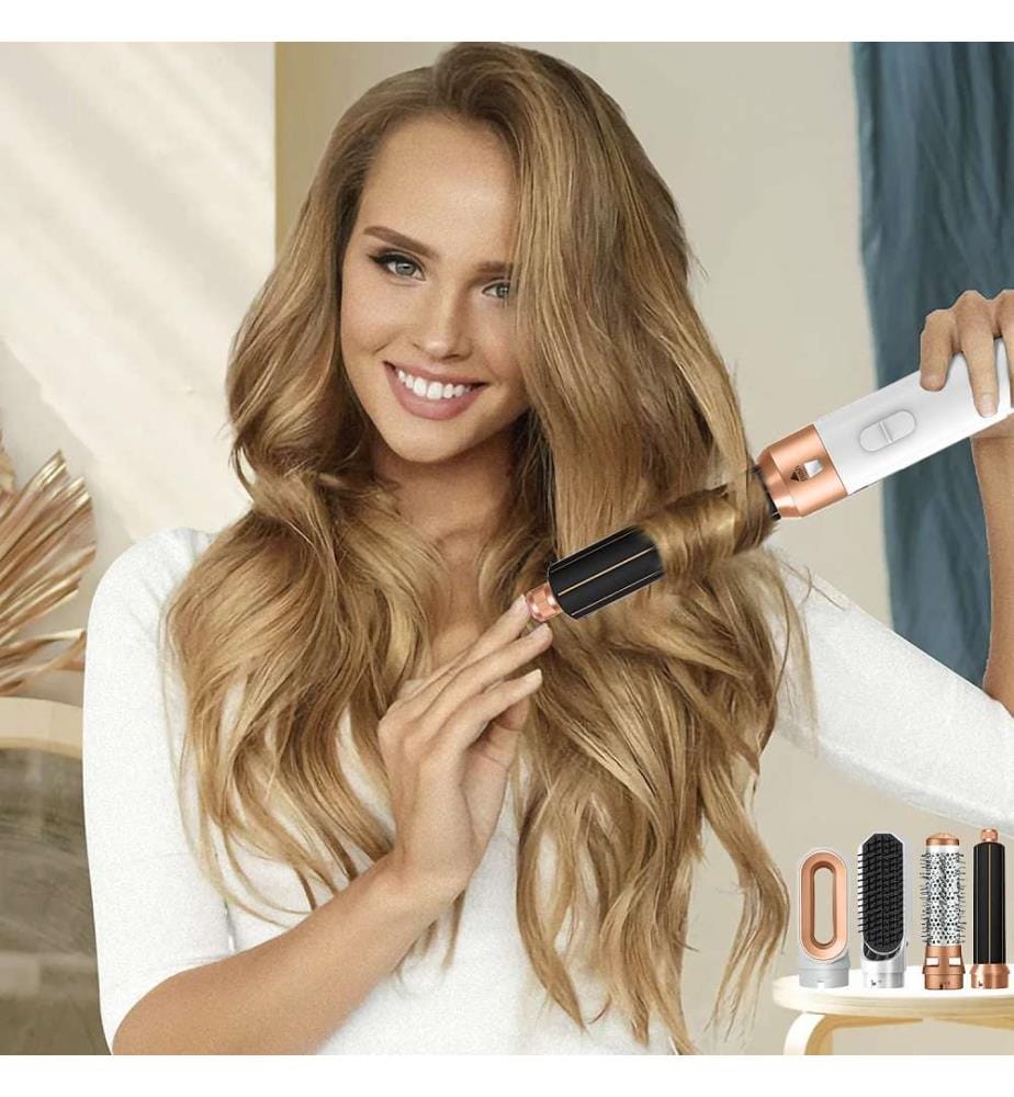 Sèche-cheveux 5 en 1, permet de lisser, sécher, boucler et bien plus encore Comprend un étui pour tout ranger et le rendre facile à transporter - Blanc