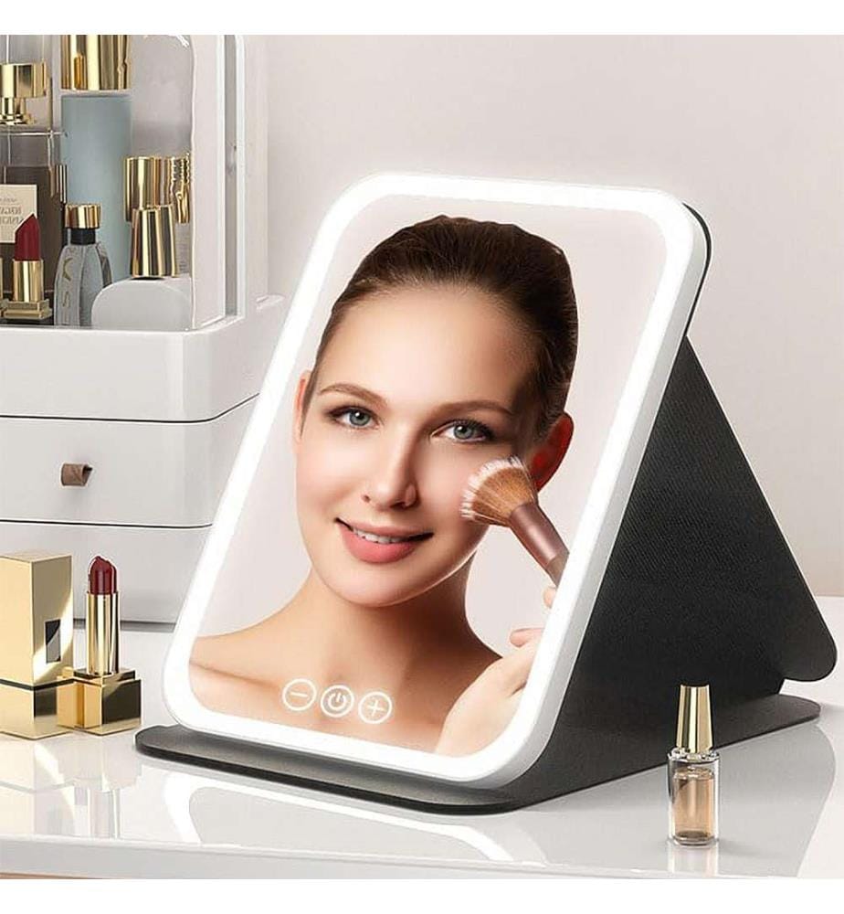 Miroir de maquillage pliable, avec lumière led froide, normale et chaude 5 niveaux d'intensité - Noir