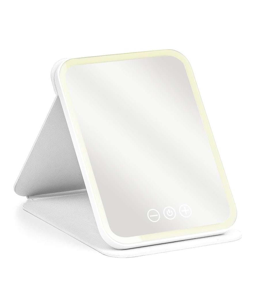 Miroir de maquillage pliable, avec éclairage led froid, normal et chaud 5 niveaux d'intensité - Blanc