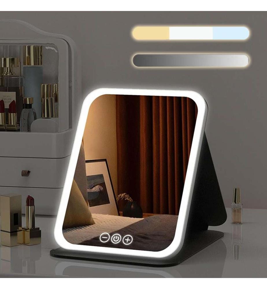 Miroir de maquillage pliable, avec éclairage led froid, normal et chaud 5 niveaux d'intensité - Blanc