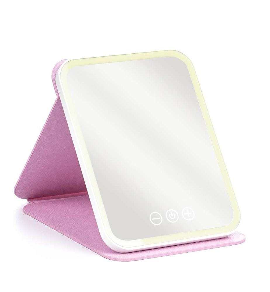 Miroir de maquillage pliable, avec lumière led froide, normale et chaude 5 niveaux d'intensité - Rose clair