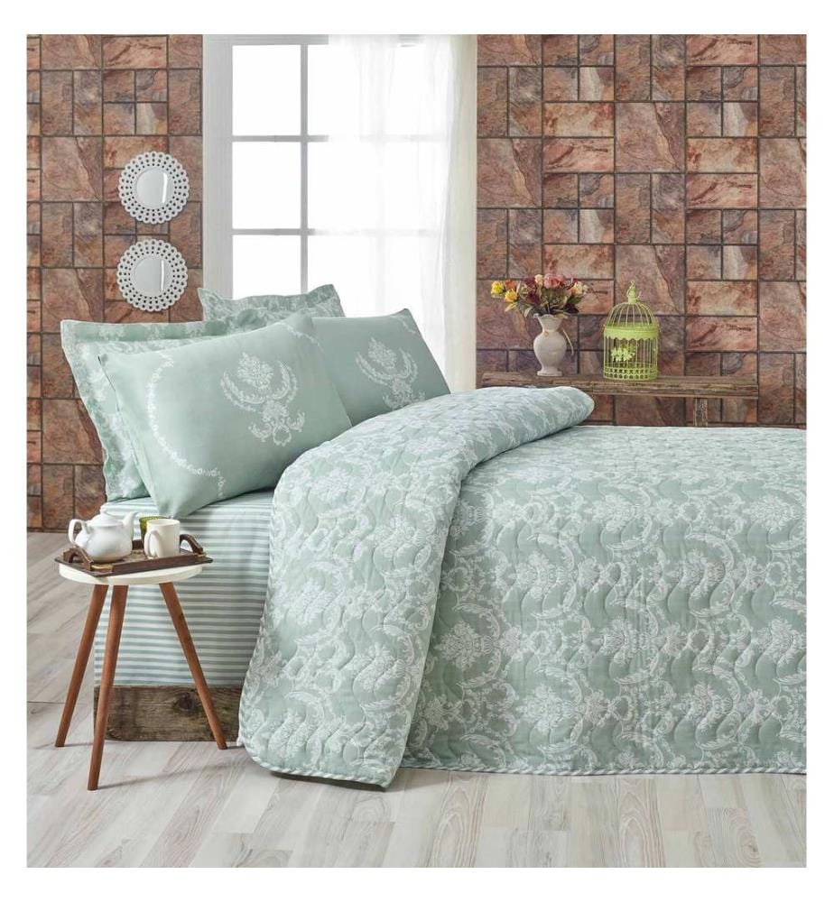 Ensemble de couvre-lit matelassé King - Vert d'eau / Blanc