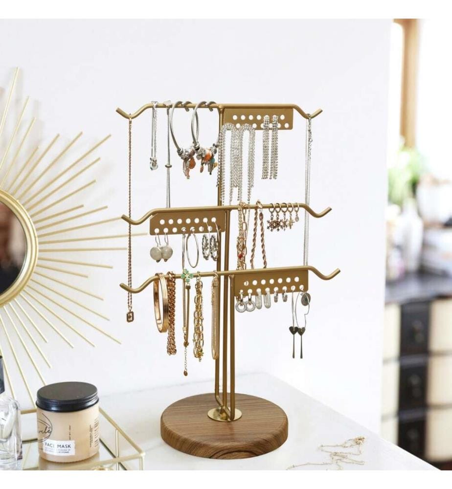 Organisateur de stand de bijoux, doré, corps en métal - base en bois