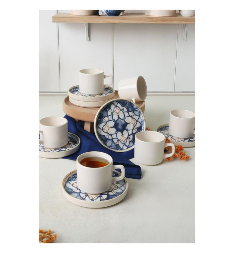 Set of 12 Tea Service Pieces - Navy Blue, White, and Gold