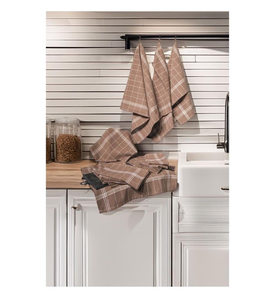 Set of 10 Kitchen Towels - Brown and White