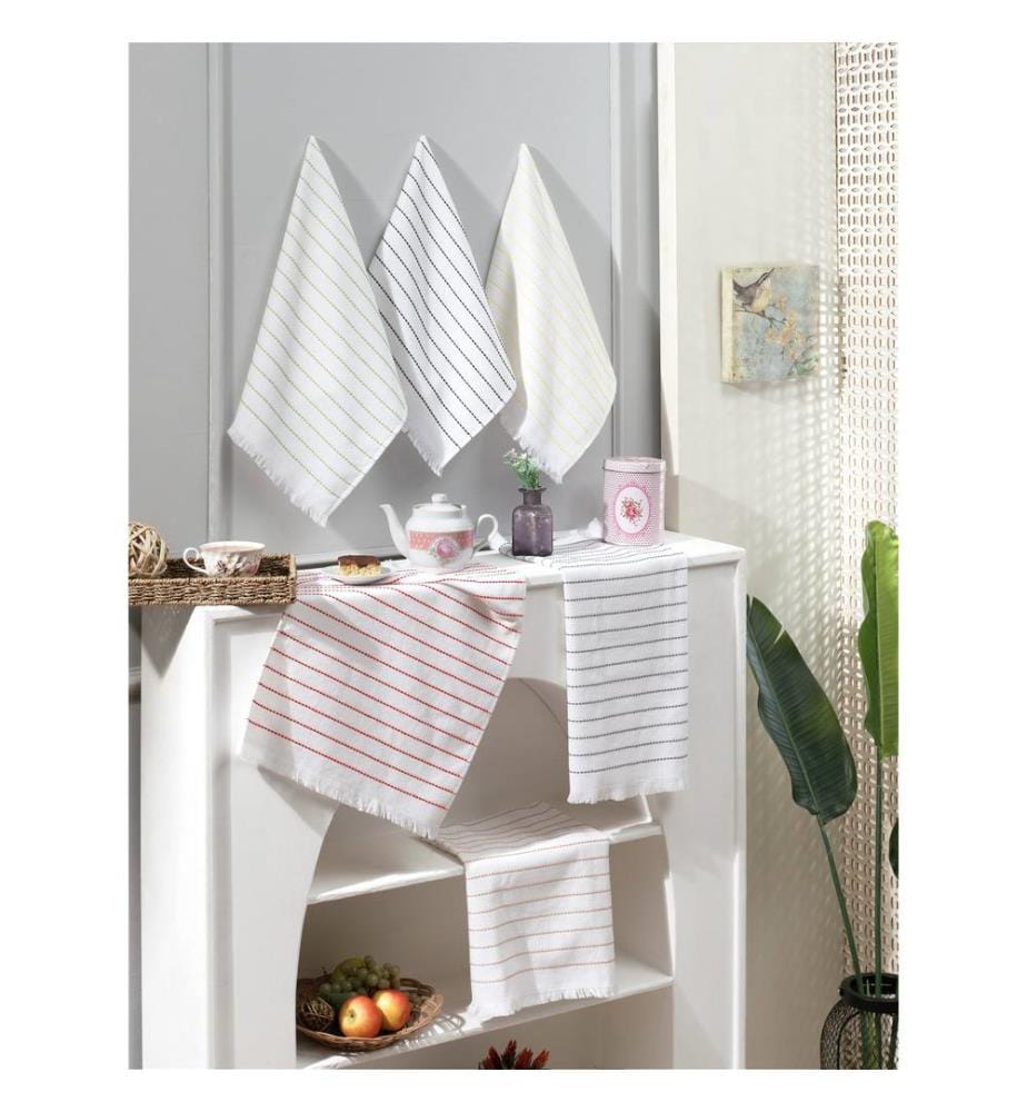 Set of 6 kitchen towels - White, black, green, yellow, and red