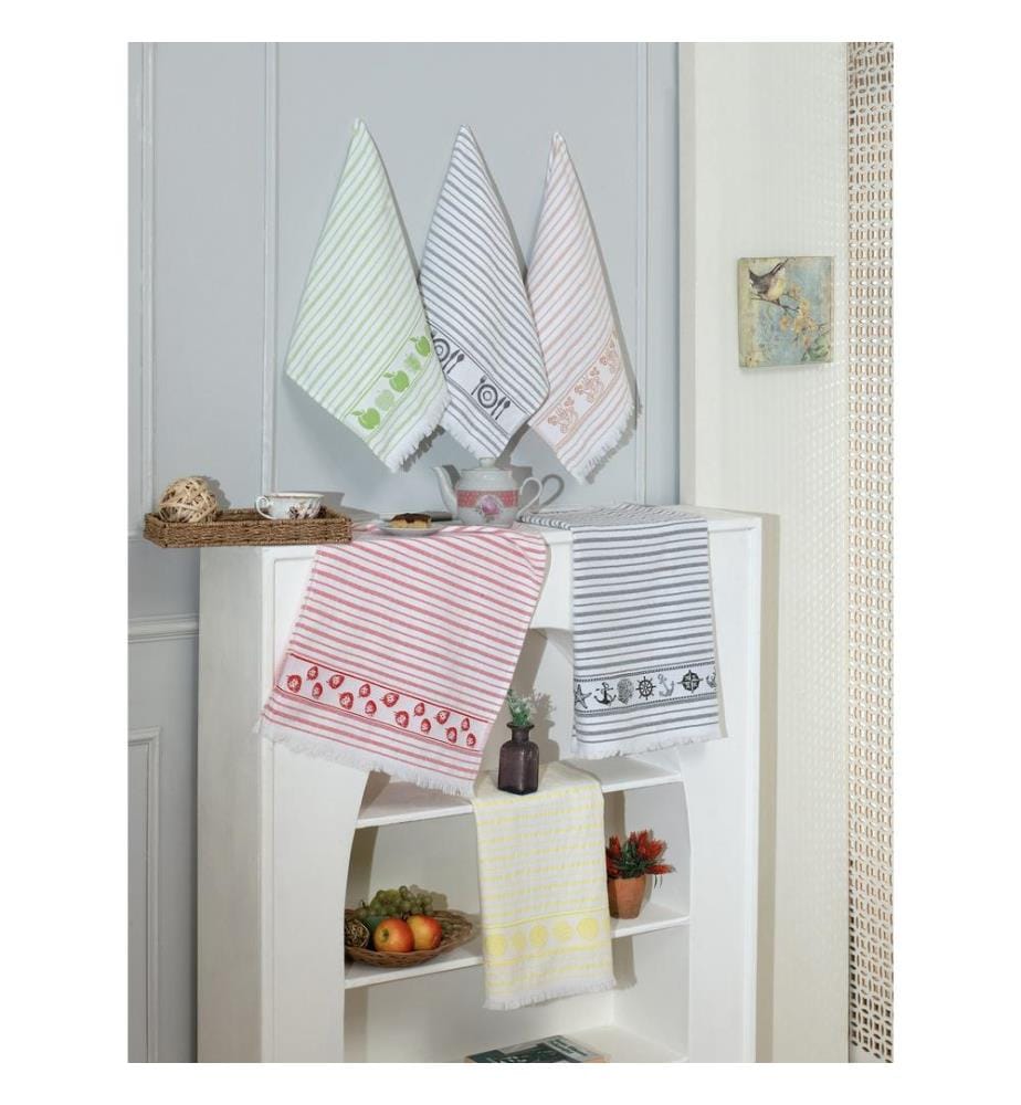 Set of 6 kitchen towels - White, gray, green, orange, and red