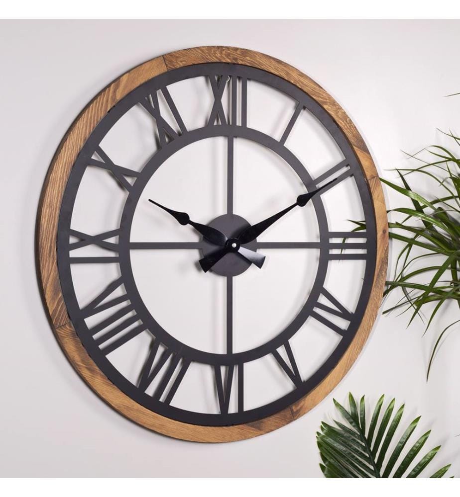 Horloge murale en métal - Noir/Chêne