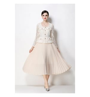 Set aus Jacke und plissiertem Midi-Kleid aus Spitze – Aprikose