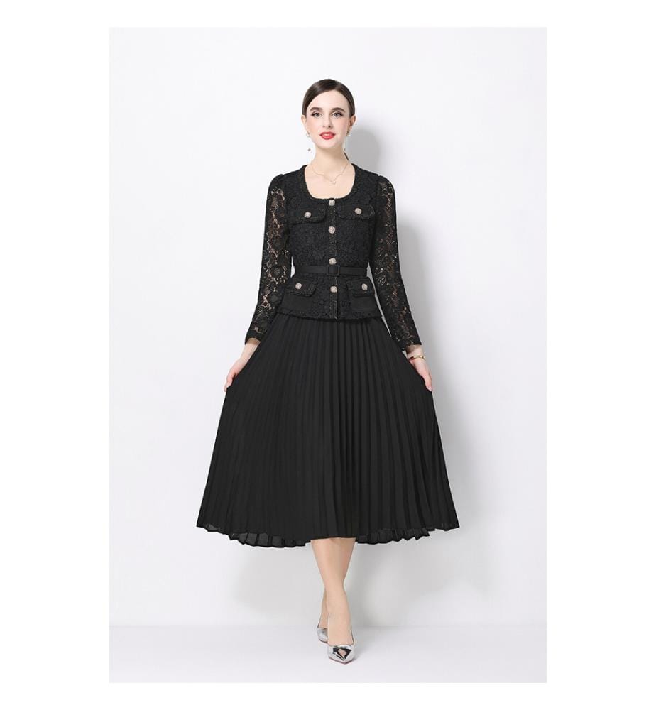 Plissiertes Midi-Kleid aus Spitze und Rock – Schwarz