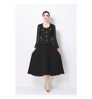 Plissiertes Midi-Kleid aus Spitze und Rock – Schwarz
