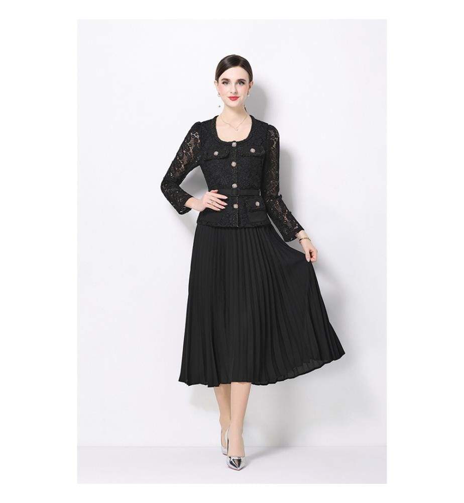 Plissiertes Midi-Kleid aus Spitze und Rock – Schwarz