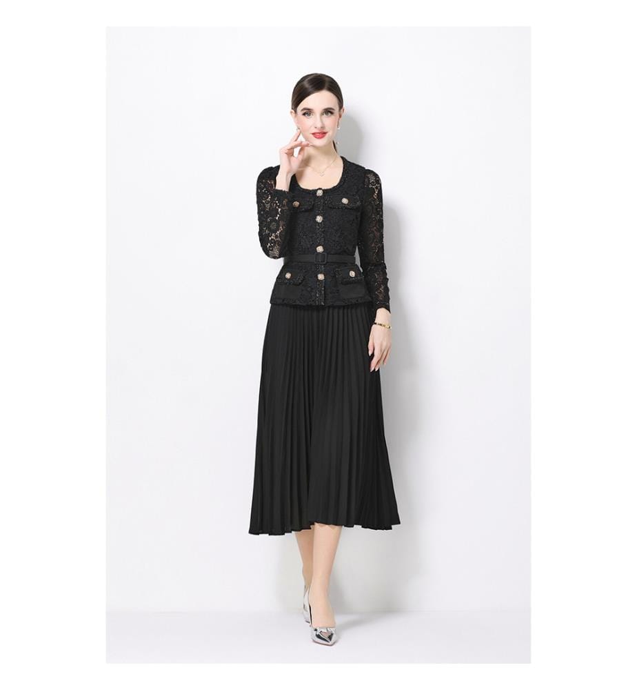 Plissiertes Midi-Kleid aus Spitze und Rock – Schwarz