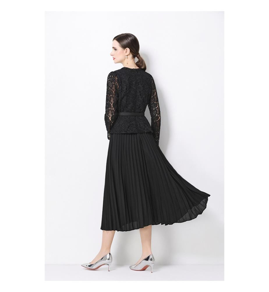 Plissiertes Midi-Kleid aus Spitze und Rock – Schwarz